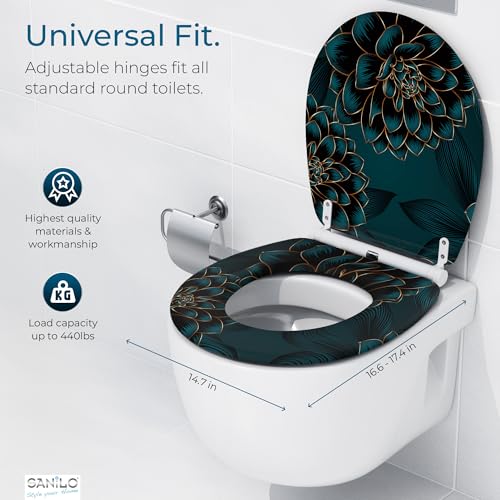 Image of Sanilo Wooden Toilet Seat with Quick Release & Soft Close [ROUND] - Decorative & Slow Close Molded Wood Seat - With One Click for Easy Installation & Cleaning - With Adjustable Fit (Dahlia)