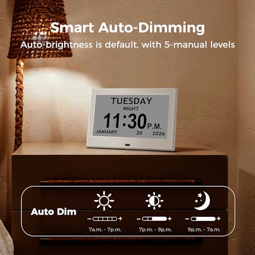Image of 7'' Digital Clock, Dementia Clock With Date And Time, 10 Reminders, 6 Alarms, Auto-Dimming, Auto DST, Remote Control, Large Display Alarm Clock For Seniors, Gifts For People With Dementia, White