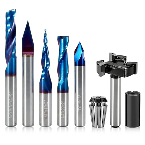 1/4 Shank CNC Router Bit Kit Includes 1/4 ER16 Collet V-bit End Mills Chamfering Bit for Woodworking MDF Resin Carving Lettering Sign Making Nano Blue Coat & Titanium Coat