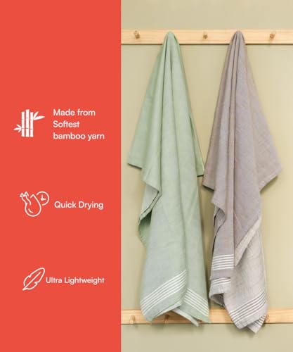 Image of Thirsty Towel by Doctor Towels, Bamboo Bath Towel Slub 250 GSM | Pack of 2 Quick Dry & Ultra Soft | Antimicrobial Bamboo Towels for Bath Large Size 75 x 150 cm for Men & Women - Green. Brown
