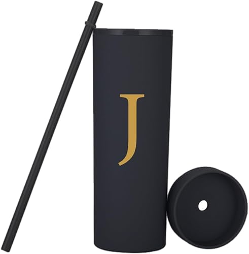 Miniatura 3 de Vaso delgado personalizado de la letra J. Vasos delgados con inicial mate de 16 onzas con tapas y popotes. Vasos delgados personalizados, regalos de