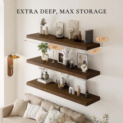 Image of 60 inch Extra Deep Floating Shelves, Set of 3, Walnut Wood | 60 inchL x 12 inchD x 1.8 inchH, Set of 3, Solid Paulownia Wood, Walnut Finish, Hidden Brackets, Hardware Included