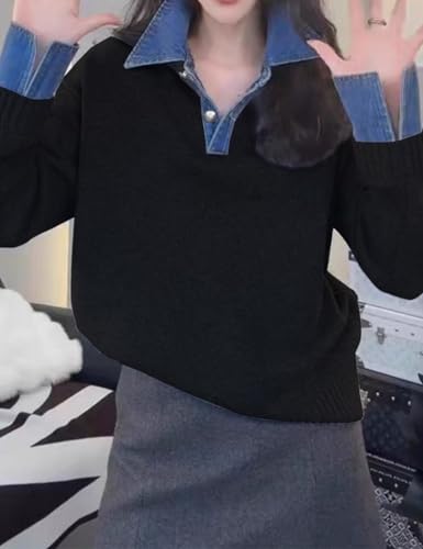Image of Womens Denim Lapel Sweater Oversized Long Sleeve Button Down Polo Knit Pullover Sweaters 2025 Fall Outfits
