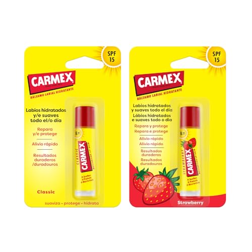 Carmex Bálsamo Labial SPF 15, Pack Click Stick Clásico + Click Stick Fresa