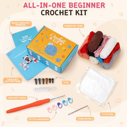 Image of Fortuning's JDS Crochet Kit for Beginners, 3 Cat Crochet Animal Kit Starter | w / Step-by-Step Video Tutorials, Beginner Crochet Kit for Adults, Bow-Wearing Cat Crochet Set, Crochet Gifts for Cat Lovers