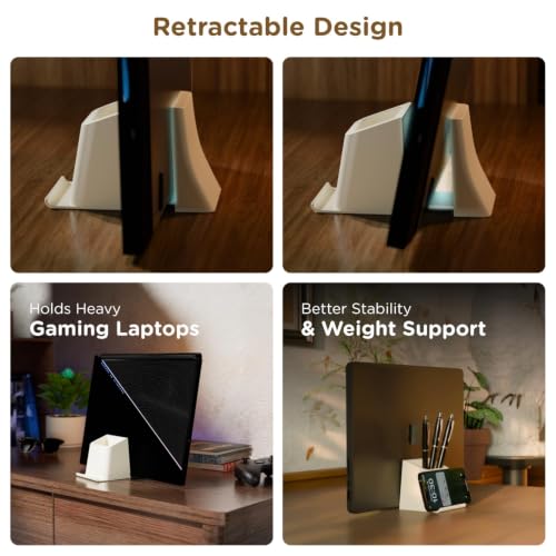Image of eo 3-in-1 Pen Stand for Table, Phone & Vertical Laptop Holder EZ Desk Beige | Retractable laptop dock, phone stand and deep stationery storage in one compact, stable desk organiser for office or study