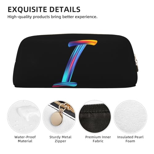 Image of Cute Initial Pencil Case for Kids Simple Leather Pencil Pouch for Boys Girls Letter Design Pencil Box Pen Bag Pencil Pouch Office Stationery Organizer, Rainbow Letter I