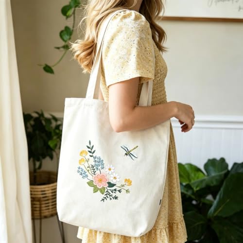 Image of Canvas Tote Bag Embroidery Kit, Embroidery Kits for Beginners, Arts and DIY Crafts Embroidery Starter kit, Include Stamped Embroidery Bag, Threads, Embroidery Tools (Beige Bag with Dragonfly 2)