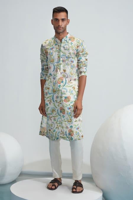 Image of LookMark Men's Cotton Blend Printed Long Kurta Suitable for All Indian Wedding, Occasions, and Festivals