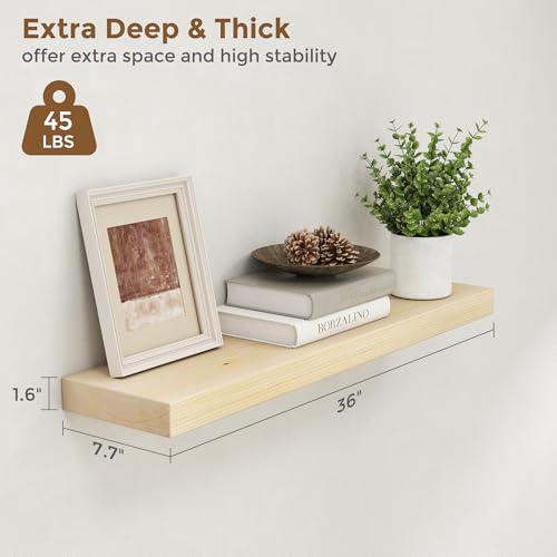 Image of Marsmiles 36 Inch Floating Shelves | Unfinished Natural Wood Floating Shelves Set of 2 | 36 inch W x 7.7 inch D x 1.6 inch H Natural Wooden Wall Shelves for Living Room Bathroom Kitchen