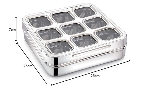 Image of Expresso 9 Square Stainless Steel Spice Box, Organiser with 9 Compartment, Popula Dabba, Square Masala Dani for Kitchen, Rust Resistant See-Through Lid with Unbreakable Acrylic Sheet, Design, Silver