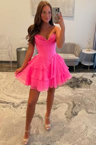 Verngo Strapless Tiered Ruffle Homecoming Dresses for Teens Chiffon Corset Short Cocktail Party HOCO Dress3