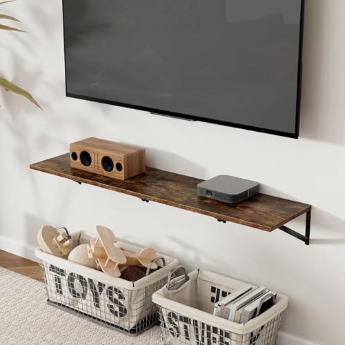 Image of Floating Wall Shelves, Set of 2, Rustic Brown Engineered Wood with Metal Brackets, 14x8 Inch, for Living Room, Kitchen Storage and Decor