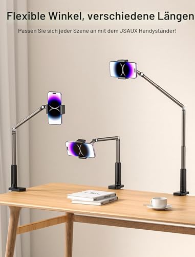 JSAUX Handy Halter mit justierbarem langem Arm für Schreibtisch & Bett, Handystütze, Mobil-Ständer, Handyhalter, Handy-Ständer, Telefonhalter kompatibel mit iPhone 15/15 Pro/15 Plus/14 etc. [Schwarz]