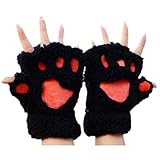 [ふく福] 可愛い ふわモコ肉球 レディース手袋 ガールズ半指グローブ 防寒 ハーフィンガー 指なしタイプ 熊 コスプレ ぬいぐるみ風 穴 指あり 動物 人気 便利 写真 (ブラック)
