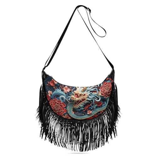 Image of CEBUGI Women's Fringe Crossbody Tassel Purse Celebration Chinese Dragon Hobo Shoulder Bags Crossbody Handbag with Adjustable Shoulder Straps
