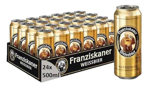 Franziskaner Hefe-Weissbier Naturtrüb Cerveza, Pack de 24 Latas x 50 cl, Sabor Delicado y Refrescante, 5% Volumen de Alcohol