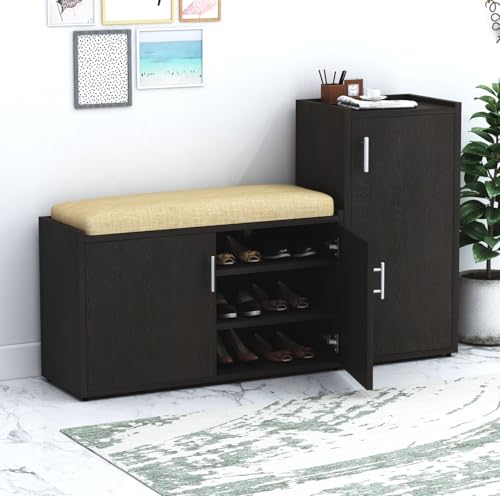 Image of DesignFit 8 Shelves Engineered Wood Shoe Rack with Cushion Seat | L-Shape Shoe Storage Cabinet Organizer for Hallway, Bedroom, Living Room and Home - 142X36X90 cm (Wenge Finish)