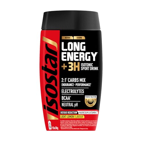 ISOSTAR Long Energy+3H Pulver Zitronengeschmack Isotonisches AusdauerSportgetränk mit Kohlenhydraten & Elektrolyten LangzeitHydration für Sport Triathlon 570g