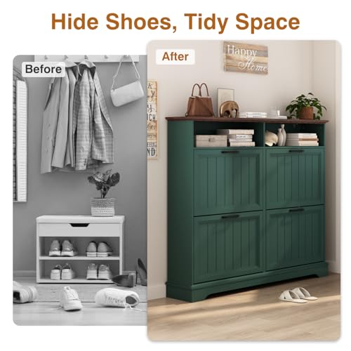 Image of Hidden Shoe Storage Cabinet with 4 Flip Drawers & Open Storage