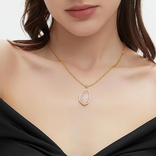 G&GEMSJEW Natural Stone Pendant Heart & Teardrop & Irregularity Necklace for Women | 18K White Gold Plated Chain | Natural Rose Quartz & Moissanite | Adjustable 18"+2" Jewelry - Image 2