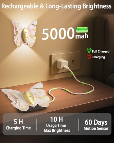 Image of Eneru Motion Sensor Wall Sconce Set of 2, Rechargeable Wall Lights, Indoor | 5000mAh Battery Operated Wall Sconces, Magnetic Butterfly Motion Night Light for Hallway Stair Closet Pantry, Pink & Gold