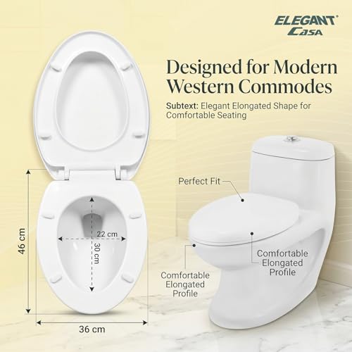 Image of ELEGANT CASA Polypropylene Soft Closing Western Toilet Seat Cover with Stable Hinges - Elongated Shape Design Glossy White Size 46x36 Cm - 1 Set