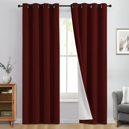 Image of Yakamok Burgundy Red Blackout Curtains 84 Inches Long for Bedroom 50 inch Wide | Blackout Curtain Panels for Bedroom, 2 Thick Layers Grommet Top Thermal Insulated Drapes with White Back for Living Room