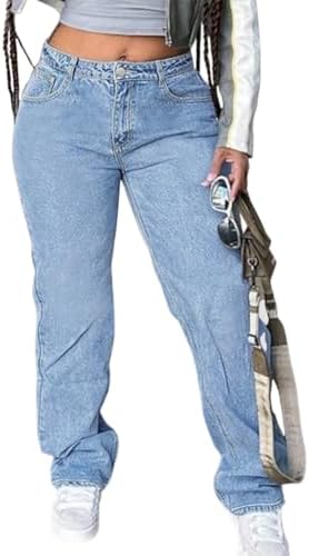 Women's Mid Waisted Straight Wide Leg Jeans Loose Fit Boyfriend T...