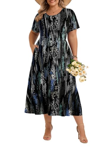 Image of LARACE Plus Size Dresses for Women Summer Maxi Casual Dress with Pockets | plus size summer dresses women, soft rayon, flowy maxi, short sleeve, pockets, flattering & covers belly, beach wear, L-6XL