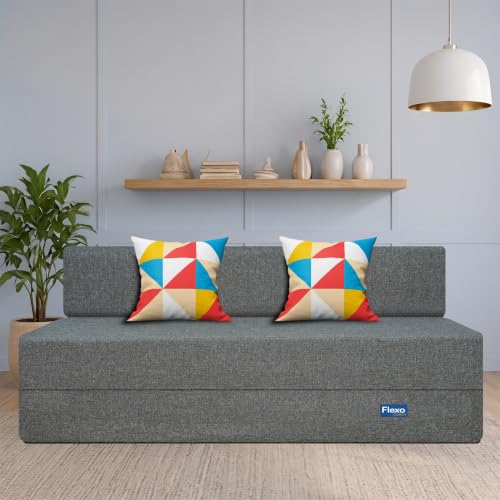Image of Starlon 3 Seater Foldable Sofa Cum Bed 3-in-1 with 2 Geometrical Pattern Pillows, Washable Jute Fabric Cover, Space Saving Guest Bed, Pre-Assembled Ash Gray 6x6 Ft