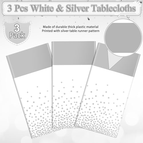Image of 3Pcs White and Silver Tablecloth Party Decorations,Plastic White Table Cloth Printed Silver Runner Disposable Rectangle Table Cover for Birthday Wedding Anniversary Graduation Party,54 x108 Inch