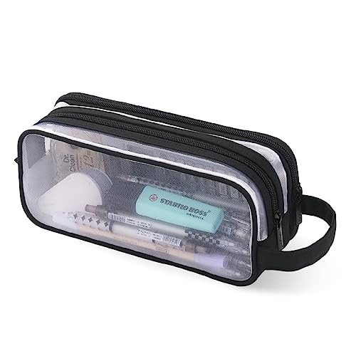 Image of Oyachic 2 Compartment Pencil Case Clear Mesh Pen Pouch Grid Makeup Cosmetics Bag Transparent Marker Organizer Office Business Travel Adults,black