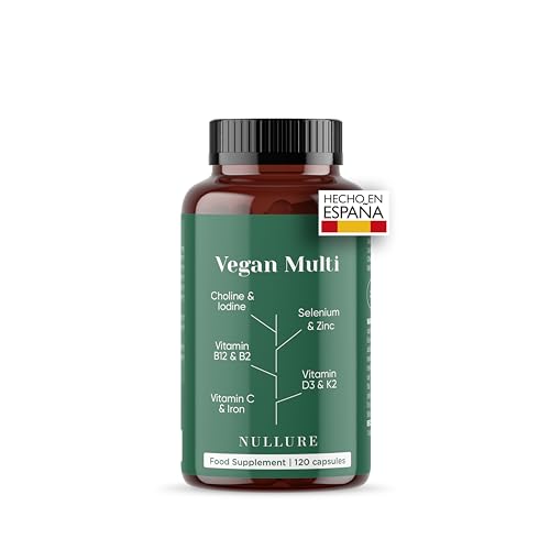 Nullure Multivitaminas Vegano All-in-One | 4 meses | Multivitaminas vegano formulado para dietas veganas | Con vitamina B12 vegana + vitamina D3 + K2 vegan + Hierro + Yodo + Zinc + Selenio y Colina