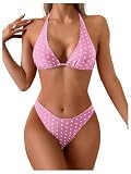 WDIRARA Women's Polka Dots Bikini Set Halter Triangle Swimsuit 2 Piece Bathing Suit Pink X-Small