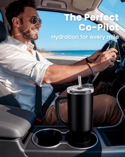 Image of Renoj Insulated Mug 100% Leak Proof Insulated Water Bottle for Iced Coffee & Hot Drinks - Fits Car Cup Holder, Ideal Gift, 2 Straws & Silicone Boot - SnapShift Black 32 oz