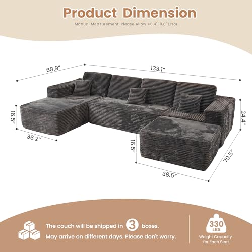 Image of HOOOWOOO Cloud Sectional Couches for Living Room,Modular Sectional Sofa No Assembly,133X70 Inch Plush Corduroy Large U Shaped Floor Couch Set with Deep Seat Chaise Ottoman(Grey)