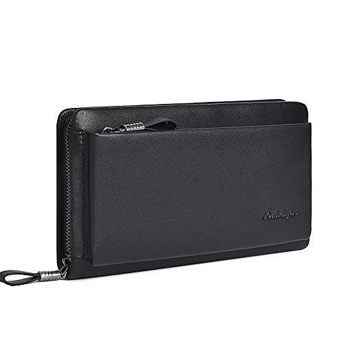 Balidiya Cartera grande de piel auténtica con cremallera para hombre, Negro -, Talla única
