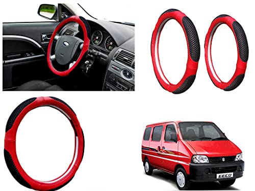 Image of Microfiber Car Steering Wheel Cover, Soft Padding Great Hand Feel, Anti-Slip, Faux Leather Steering Cover for Maruti Suzuki Eeco | Black Red Jali - Pack of 1