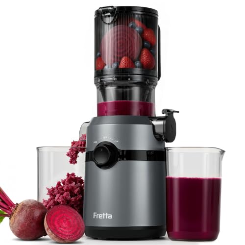Extracteur de Jus, Fretta Extracteur de Jus de Fruits et Légumes Entiers, Grande Ouverture de 108mm Slow Juicer, 1L Capacité, Pression à Froid, Facile à Nettoyer, Sans BPA, 200W (Gris)