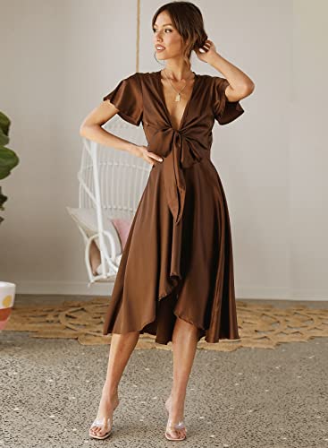 Image of miduo Womens Satin V Neck Ruffle Short Sleeve Tie Front High Waist Midi A-Line Maxi Dresses
