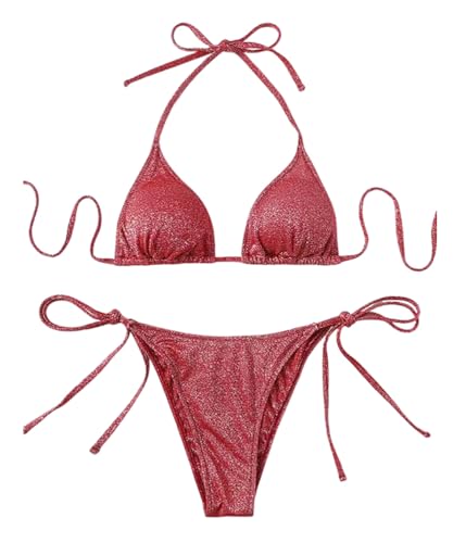 ORANDESIGNE Conjuntos de Bikinis para Mujer Bikini Lentejuelas Purpurina Bikini Set Dos Piezas Triangle Bikini Top Ties-up Ajustable Bañador de Dos Piezas Tanga Cintura Baja A Rojo M