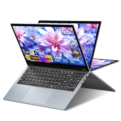 15.6 Inch 2 in 1 Touchscreen Laptop Computer, Laptop AMD R3-3200U CPU (up to 3.5GHz), 16GB RAM 512GB...
