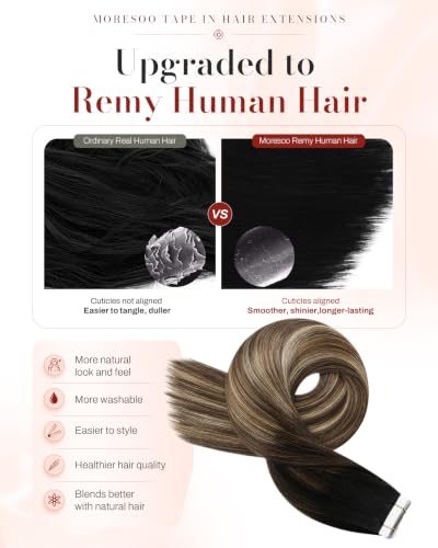 Image of Moresoo Tape in Hair Extensions Real Human Hair Brown Blonde 22in 20Pcs 50g | Tape extensions human hair, brunette base with dark blonde highlights, Remy texture, claw clips and wedding styling