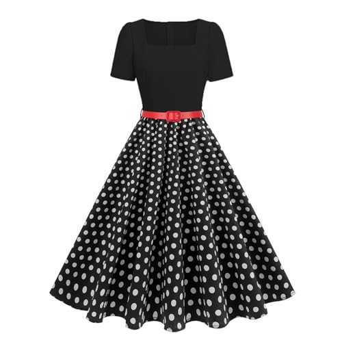 EFOGEP 1950s Kleider für Frauen Vintage Polka Dots Floral Kurzarm Rockabilly A-Linie Swing Midi Tee Kleid Cocktail Hochzeit Party Prom Arbeit Büro...