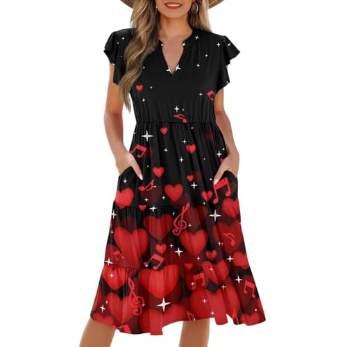 Image of Women's Casual Ruffle Sleeve Dress V Neck Pullover Dress Flowy A-Line Pleated Lightweight Dress with Pockets