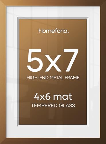 Image of Homeforia 5x7 Bronze Picture Frame, High-End Metal, 4x6 Mat, Glass | High End Aluminum, Tempered Glass, Acid-Free 4x6 Removable Mat, 5x7 in Edge-to-Edge Display 7x5, Wall Kit, Set Of 4
