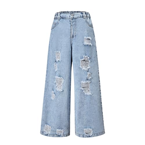 Girls Ripped Baggy Jeans - Elastic Waist Wide Leg Denim Pants with Pockets for Kids