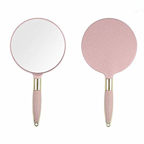 Espejo de mano con asa, para tocador, maquillaje, hogar, salón de belleza, uso en viajes (circular, rosa)
