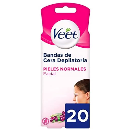 Veet Bandas de Cera Fria Depilatoria para Depilación Facial con Manteca de Karité y Bayas de Açaí, Easy Gelwax, Pieles Normales, 20 Bandas